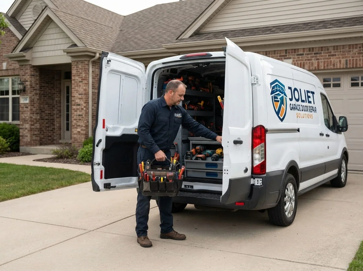 Technician installing a new insulated garage door on a home in Joliet, Illinois