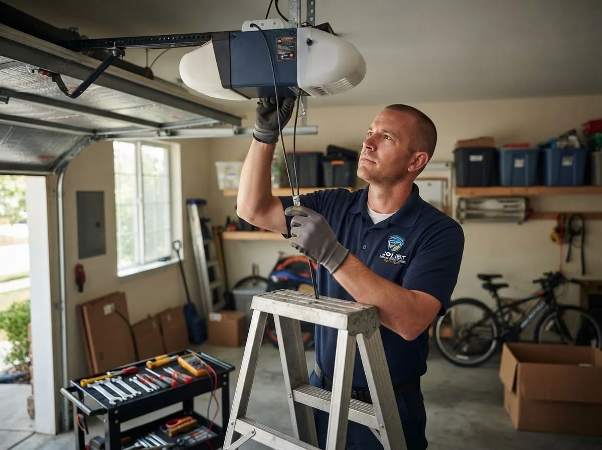 Technician installing a belt-drive garage door opener in a Joliet, IL home garage