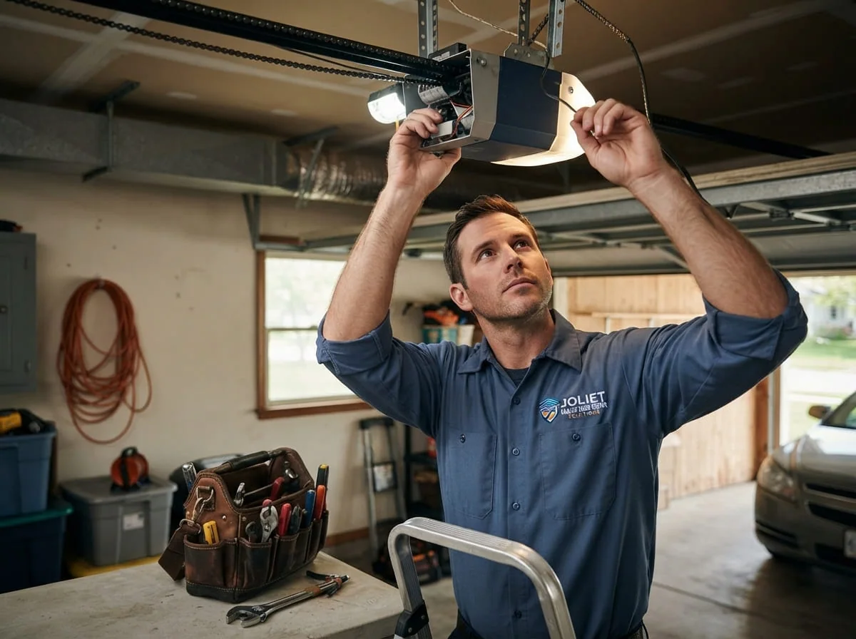Garage Door Opener Repair in Joliet, IL Technician repairing a garage door opener motor unit in a Joliet, IL home