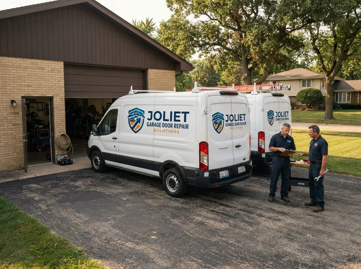 Technician repairing a residential garage door in a Minooka, Illinois subdivision