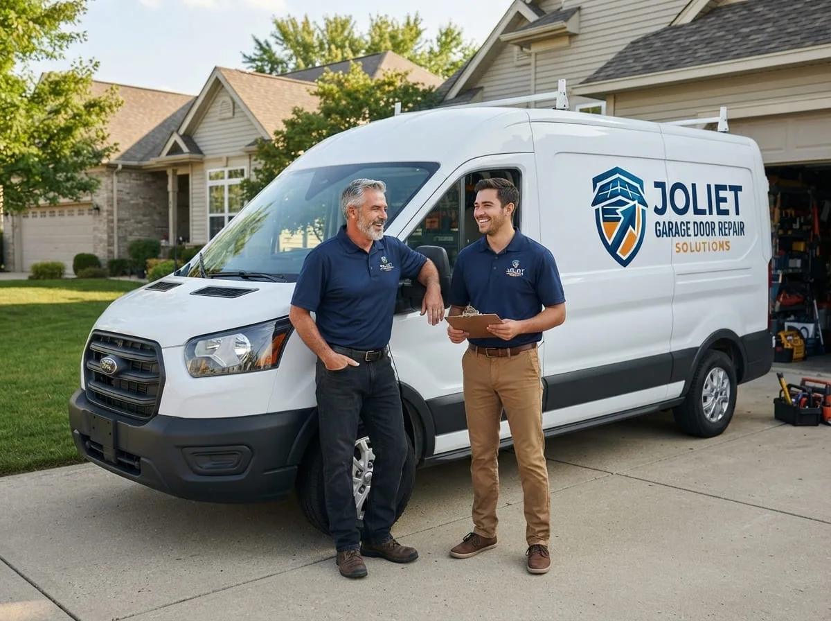 Technician repairing a residential garage door in Romeoville, IL near the I-55 corridor
