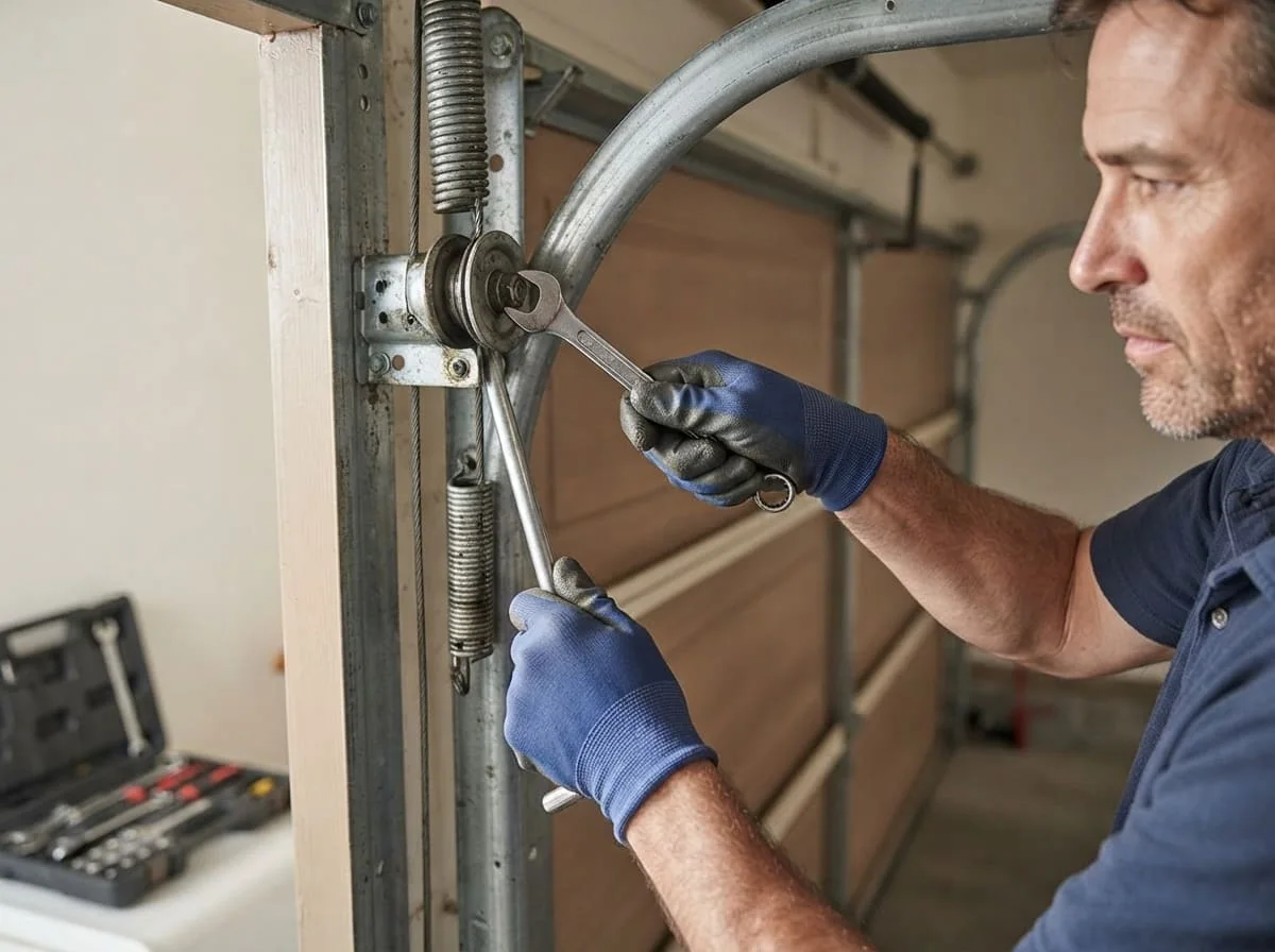 Technician performing a balance test on a garage door after spring replacement in Joliet, IL