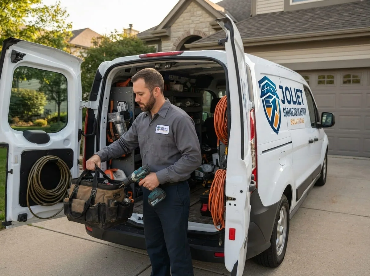 Homeowner manually lifting a disconnected garage door to check spring balance in a Joliet garage
